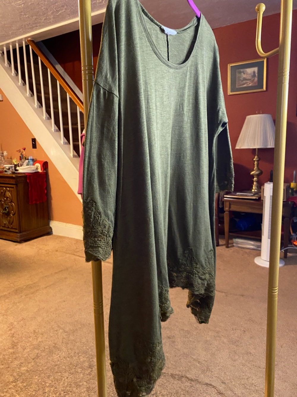 Olive Green Lace-Hem Long Sleeve Women's top